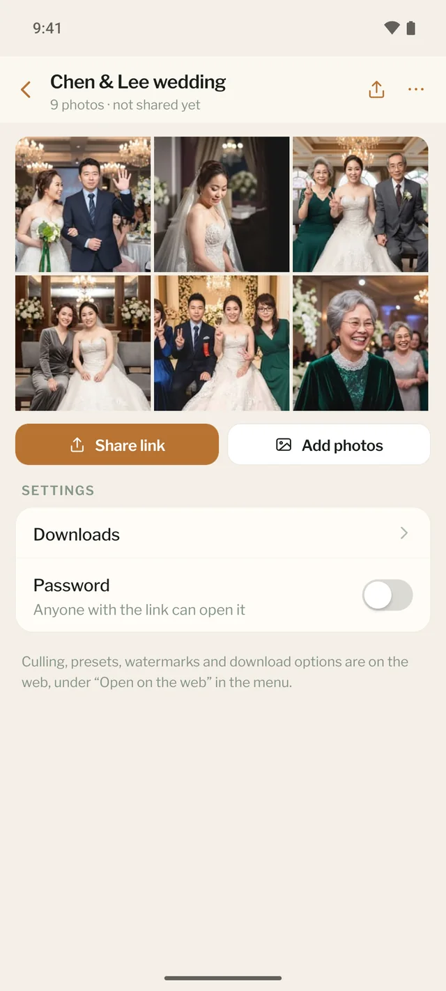 ShotBreak App 中的一個相簿，附「分享連結」與「新增照片」按鈕
