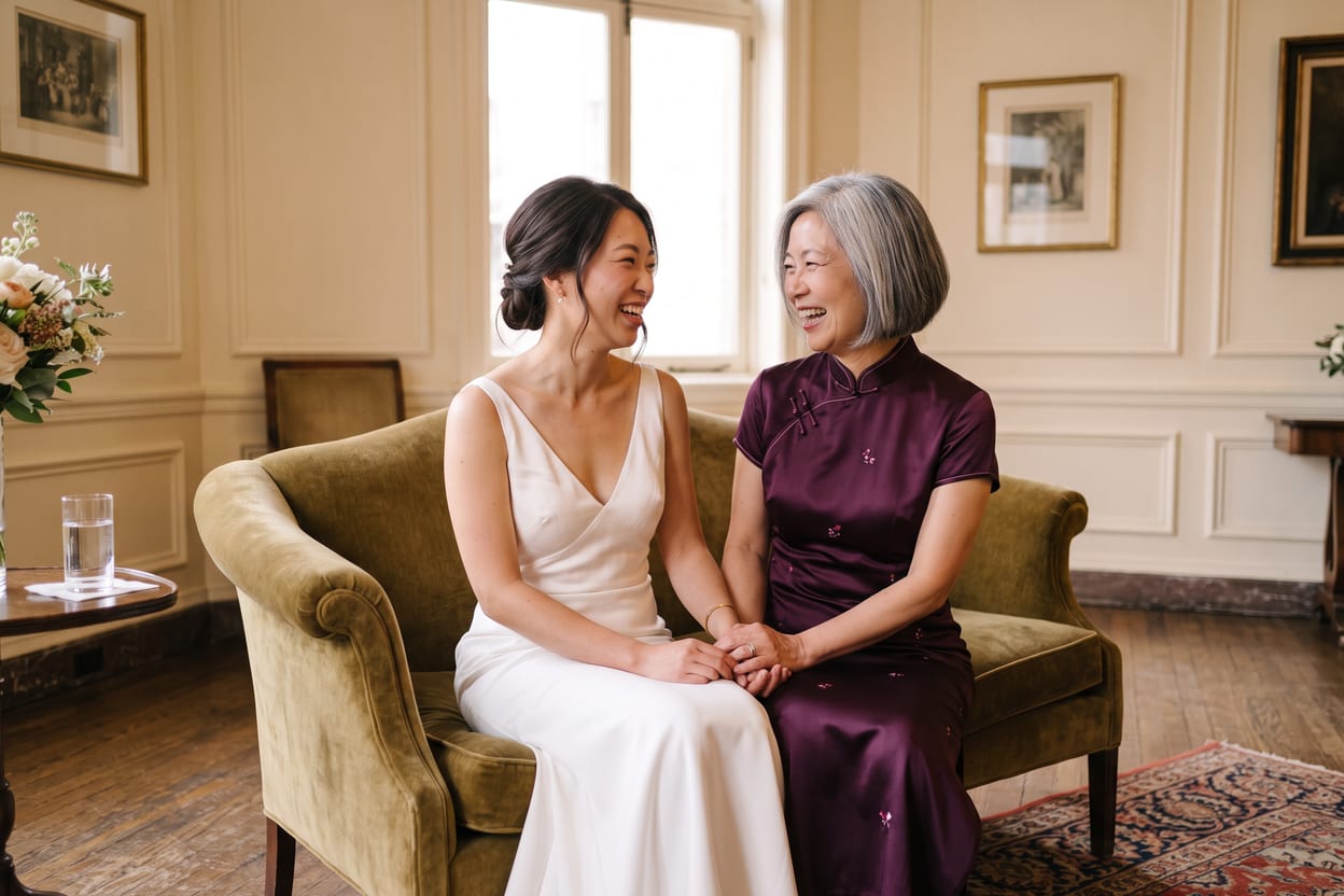 A bride and her mother sitting together before the ceremony