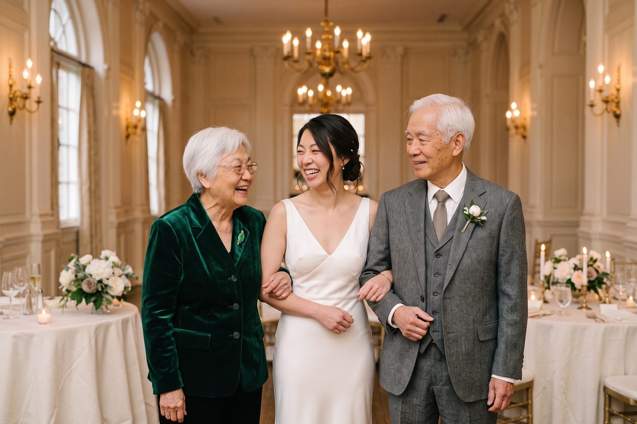 A bride with her parents at a wedding reception, smiling for the camera