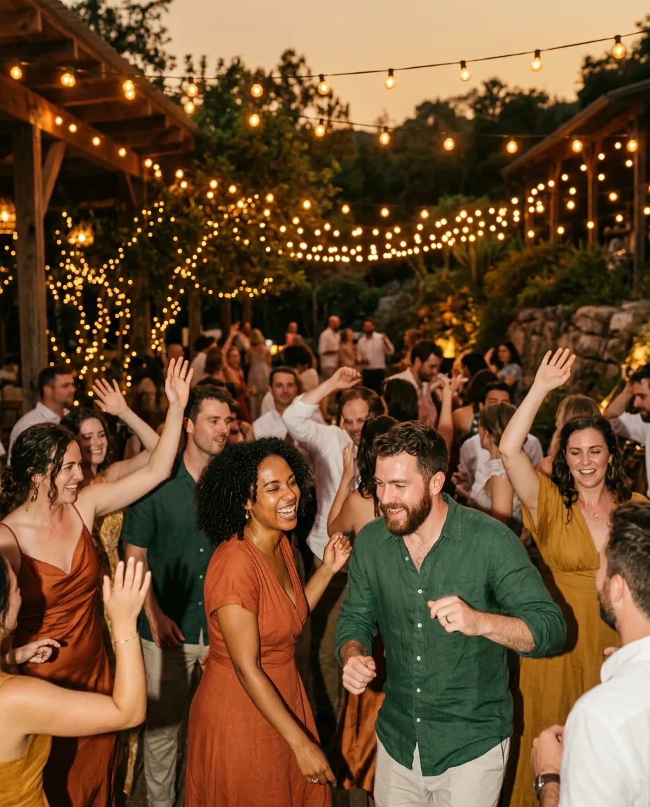 Guests dancing under string lights at an evening party