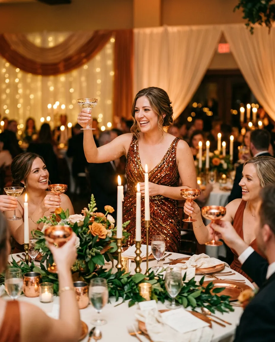 A guest raising a glass at a candlelit dinner