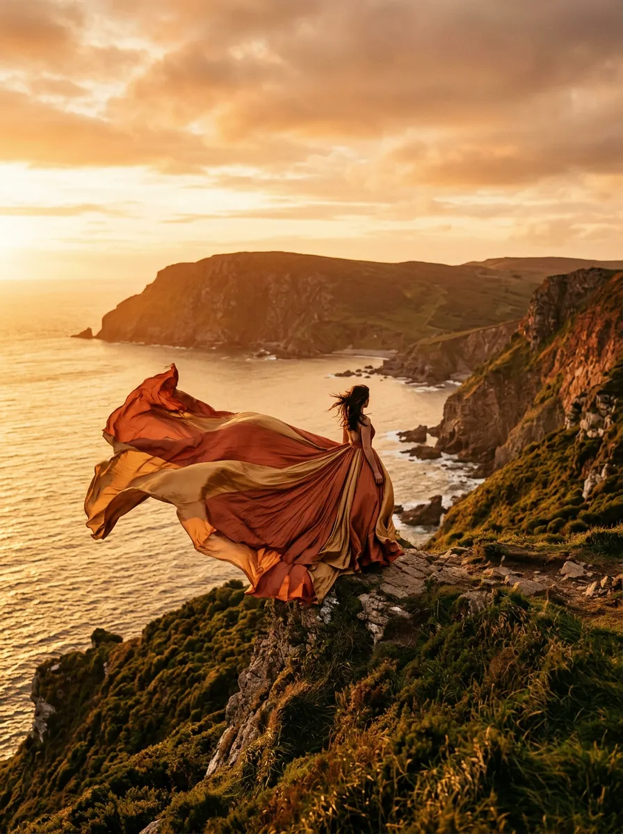 A woman in a red flying dress on a green clifftop at golden hour