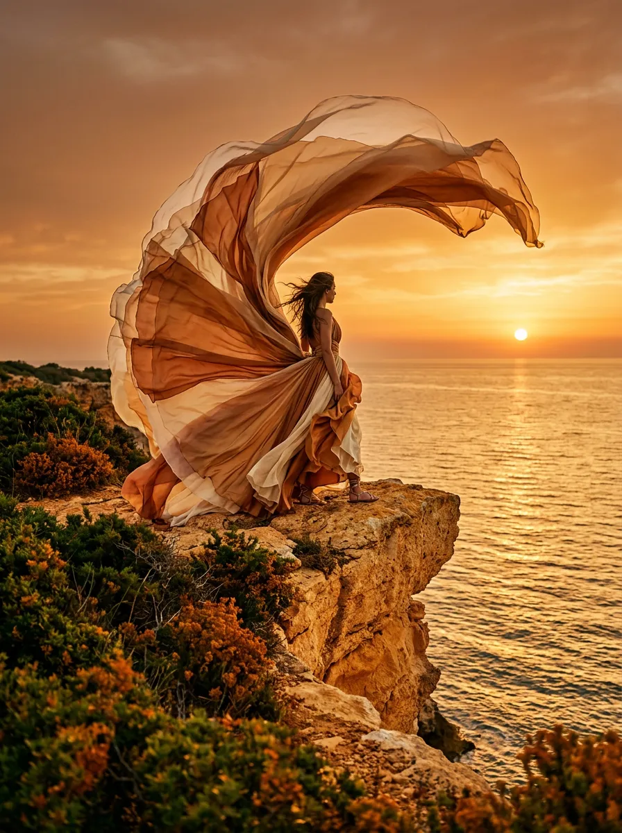 A woman on a sea cliff at sunset, her long dress flying in the wind