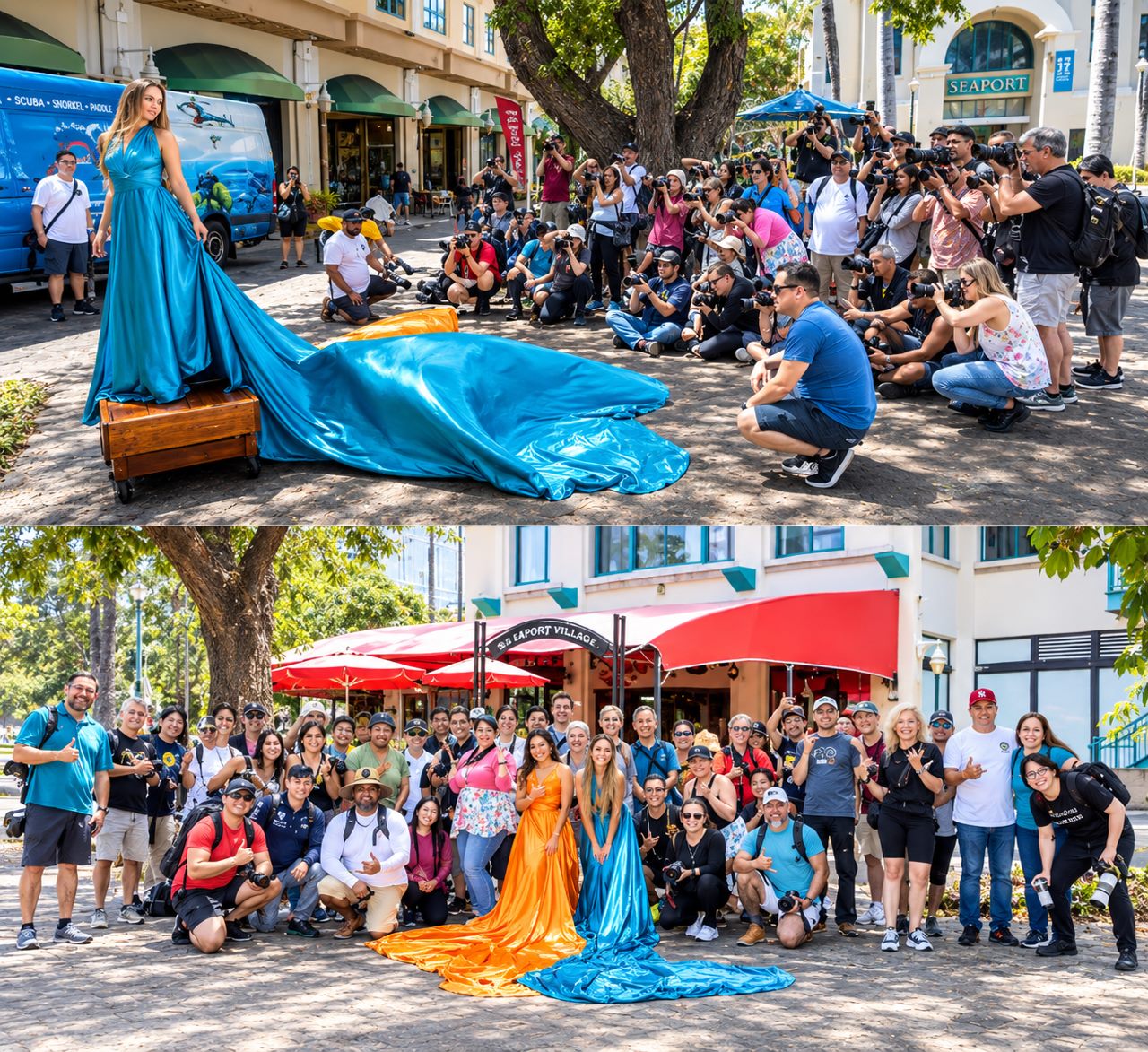 Dozens of photographers shooting a model in a blue flying dress at a Seaport Village workshop, and the whole group afterwards with models in an orange and a blue dress