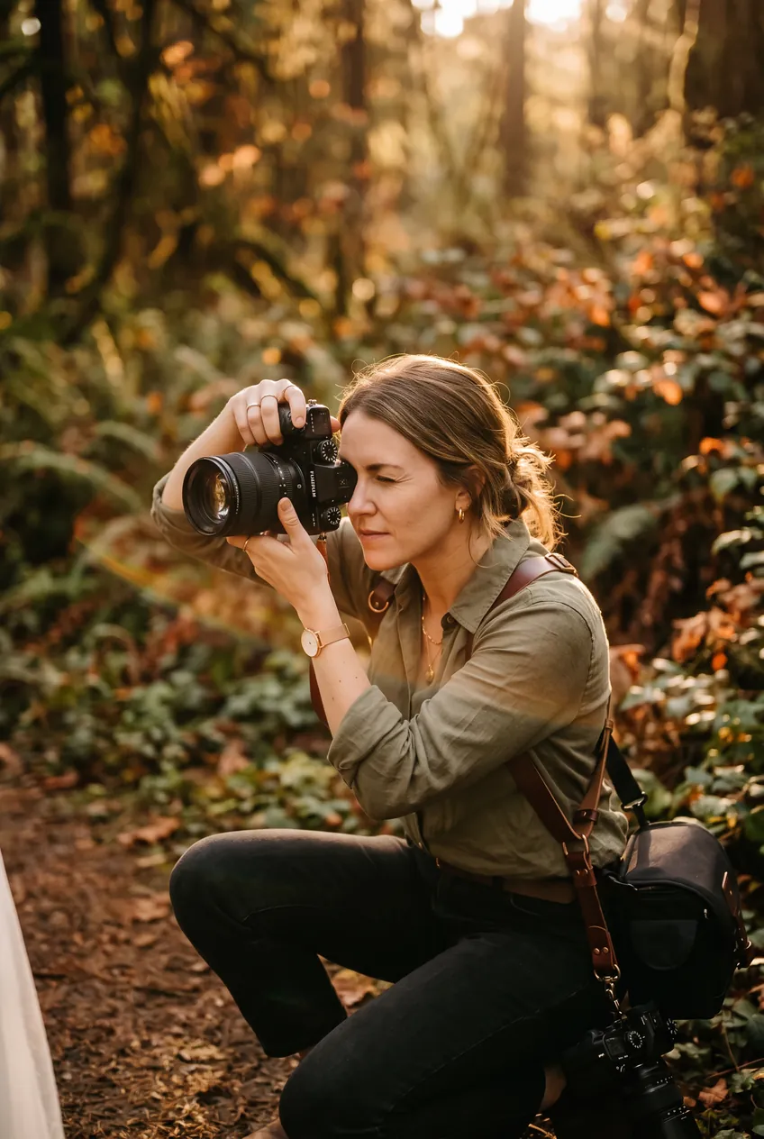 A photographer kneeling with a camera in a forest