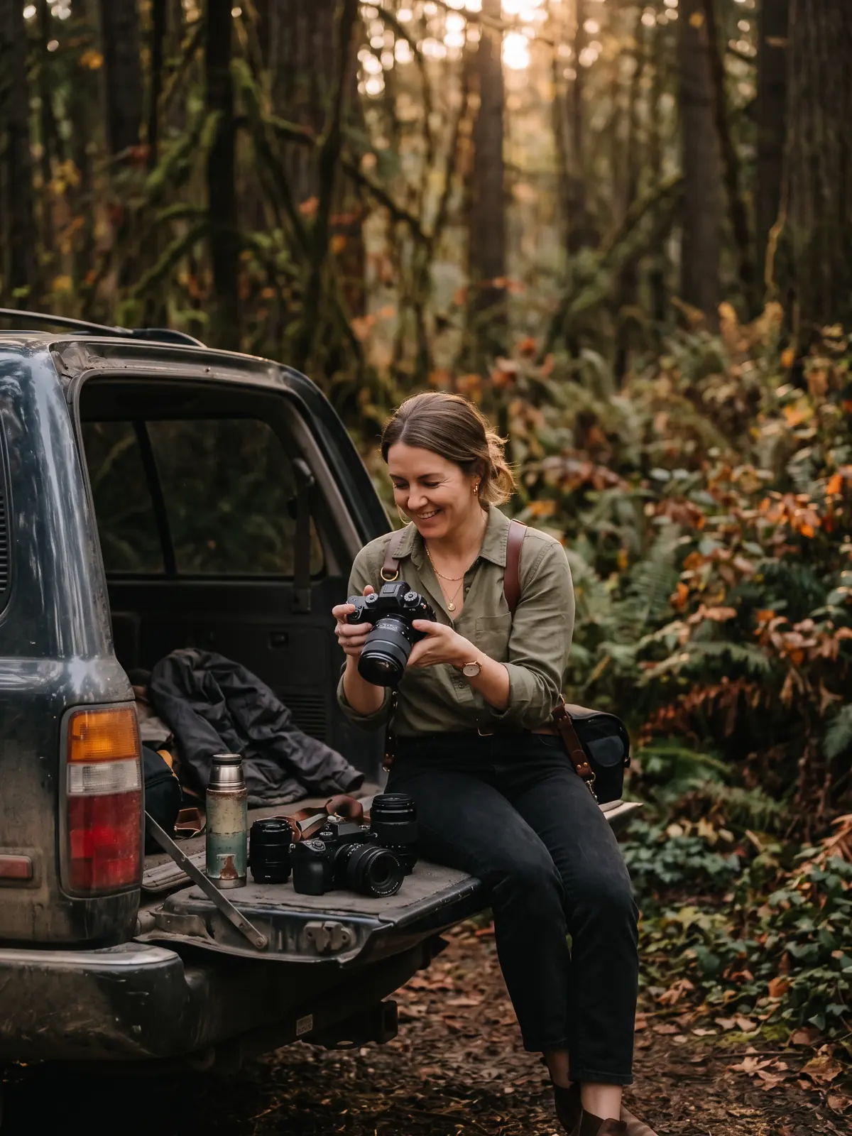 A photographer sitting on the tailgate of her car at dusk, smiling at the back of her camera