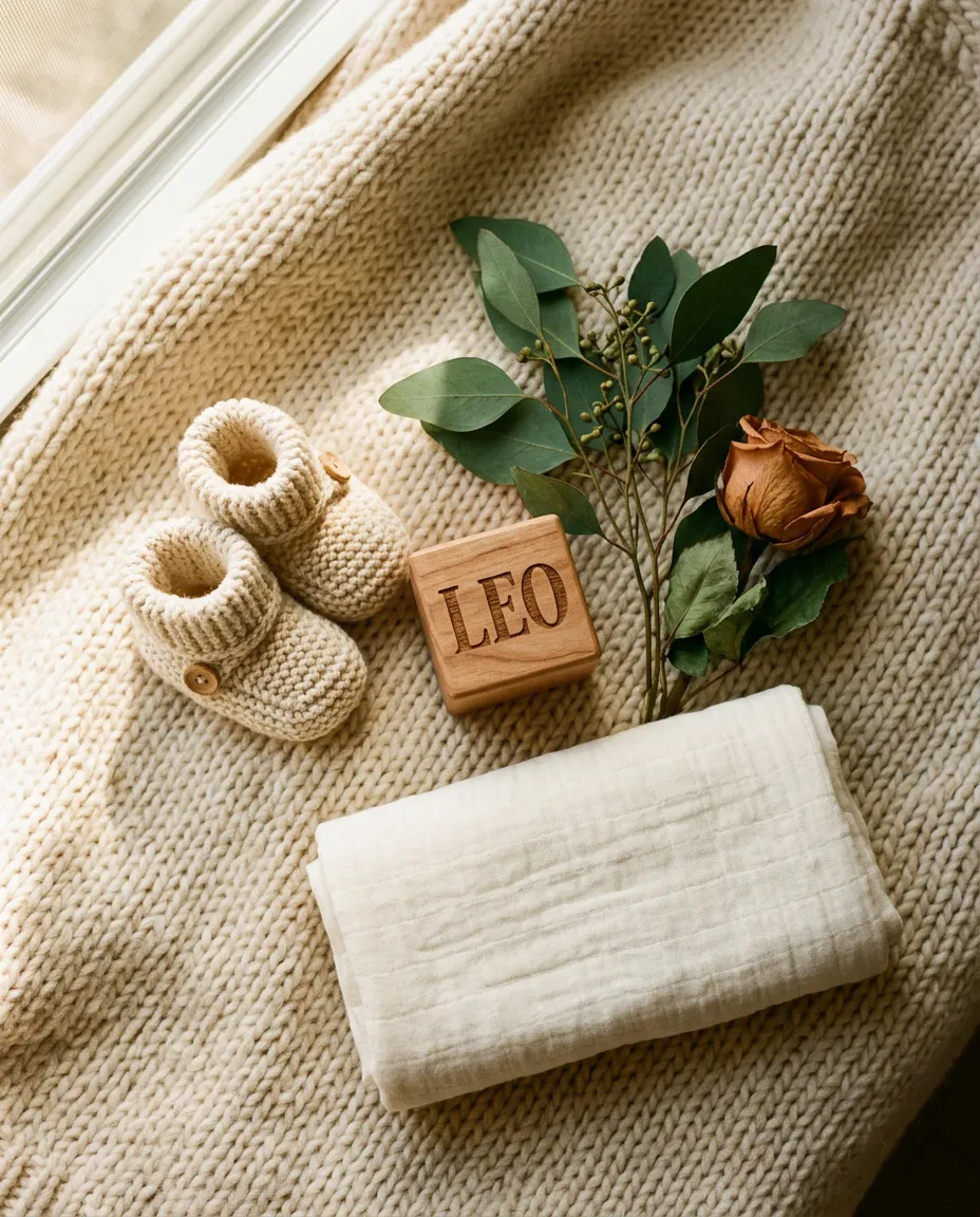 Knit booties and a wooden block that says Leo
