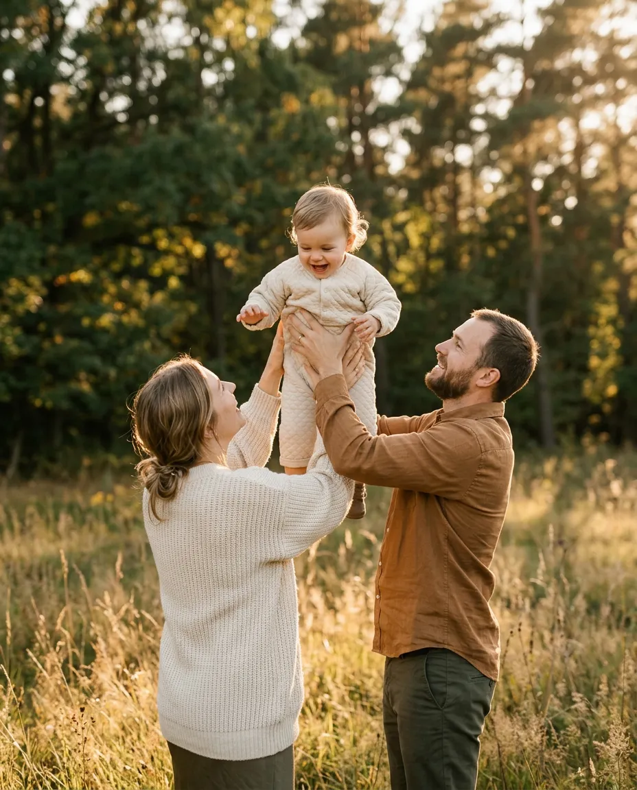 Parents lifting their toddler in a field