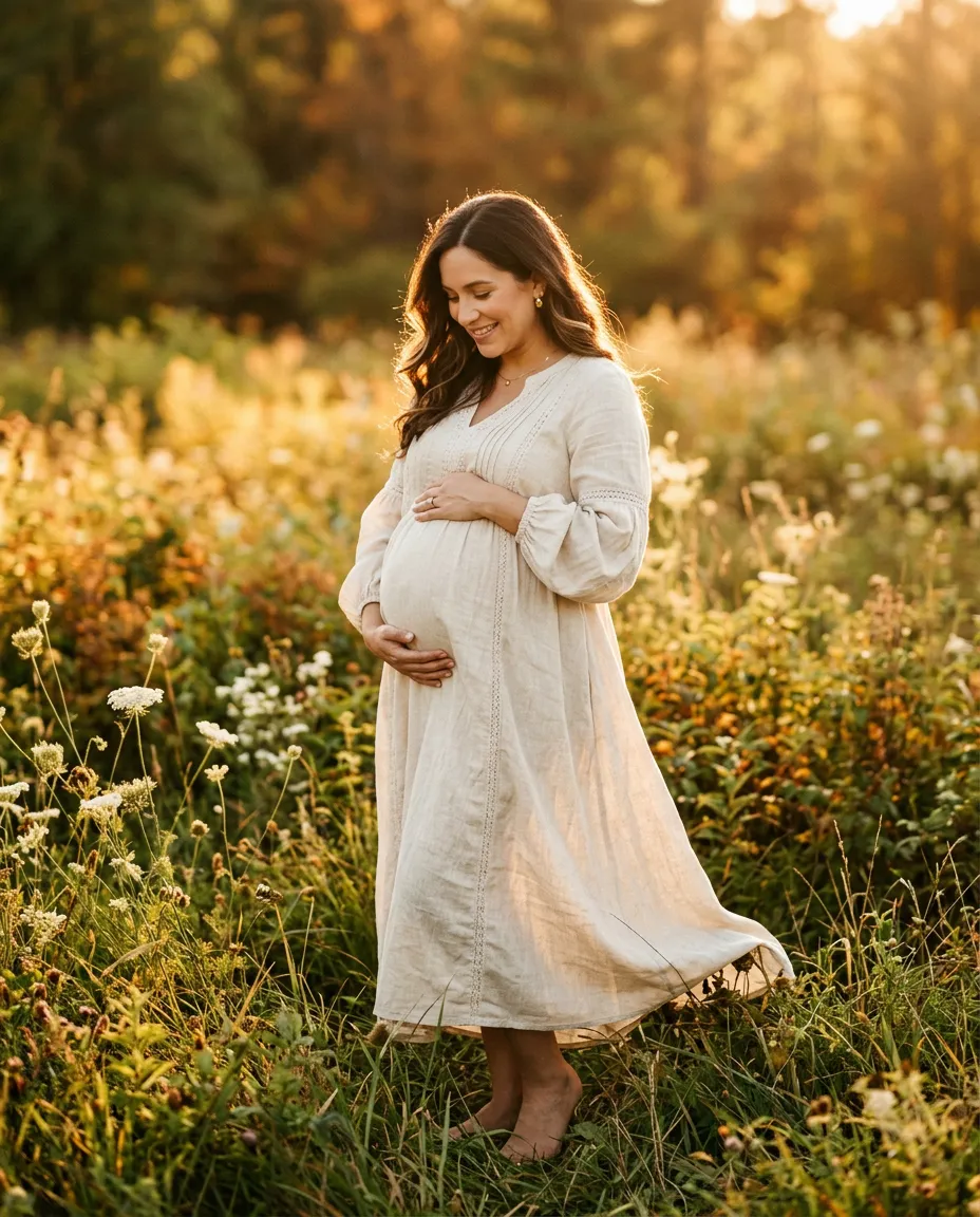An expecting mother in a meadow at golden hour