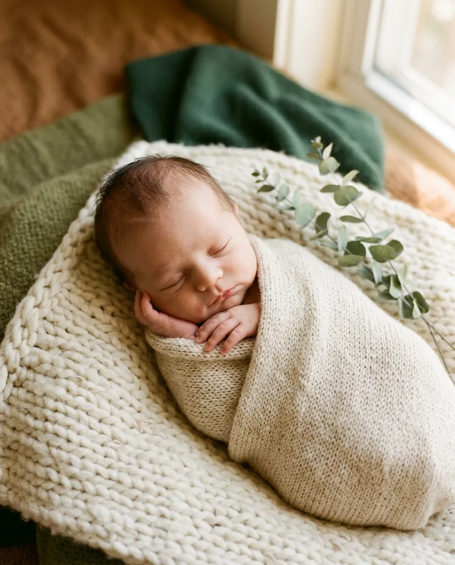 A sleeping newborn in a knit wrap