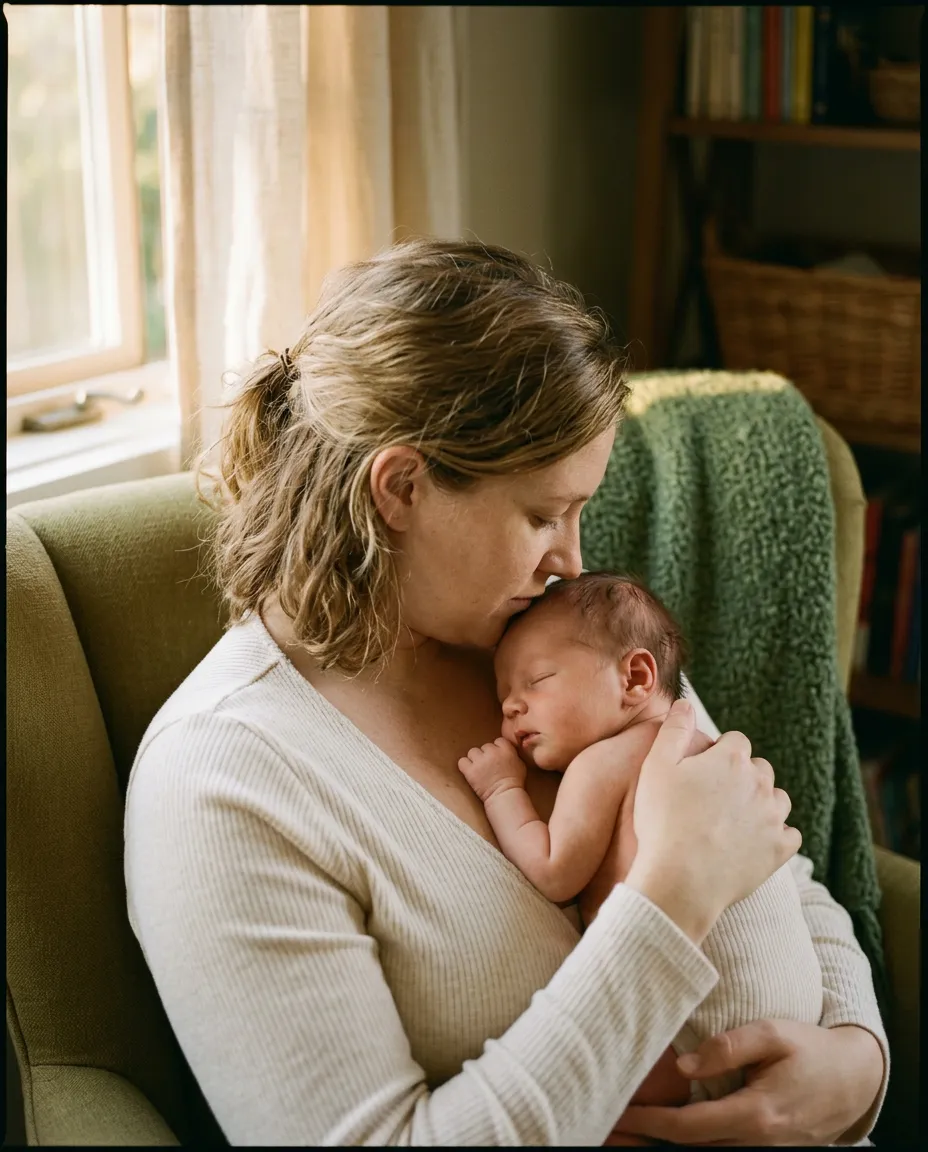 A mother kissing her sleeping newborn by a window