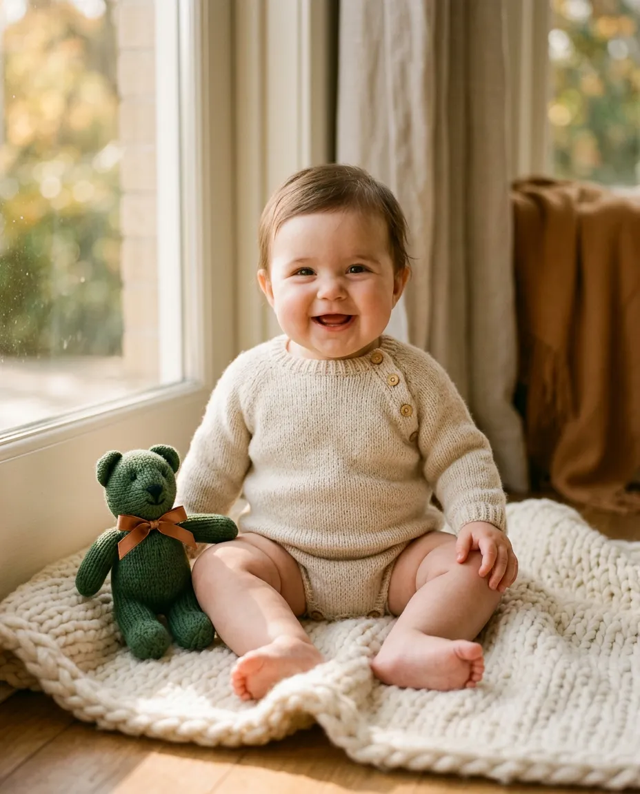A smiling baby sitting on a knit blanket