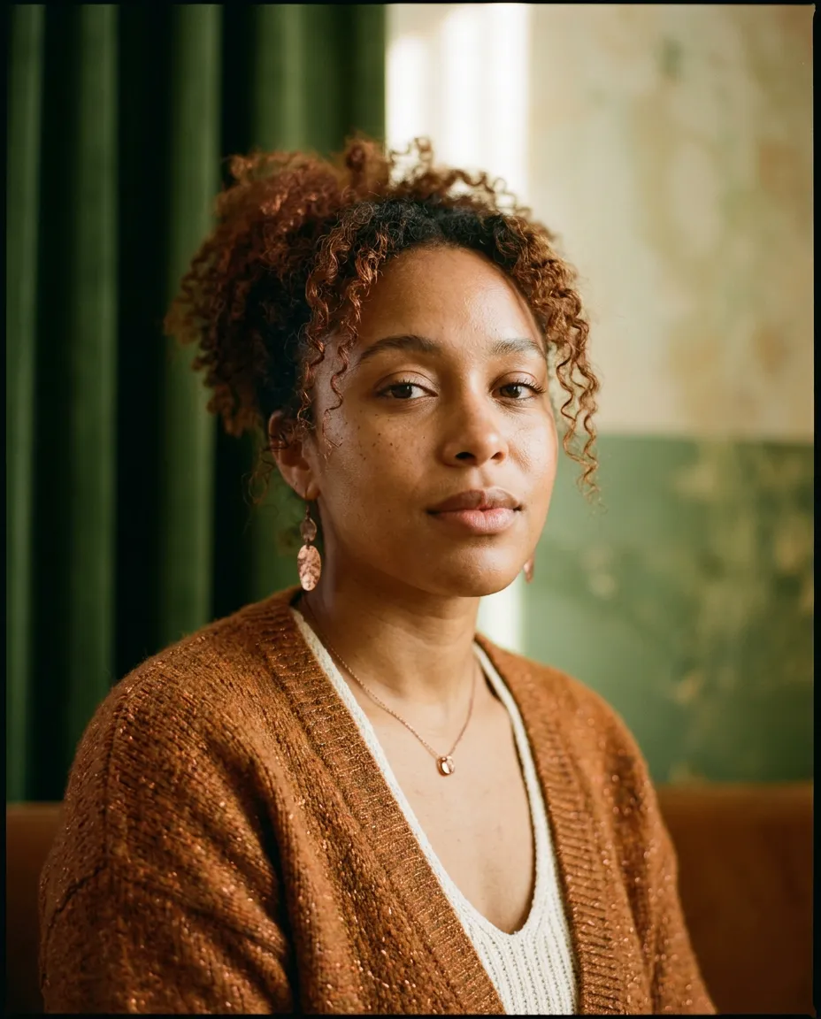 A woman in a rust cardigan, photographed by window light