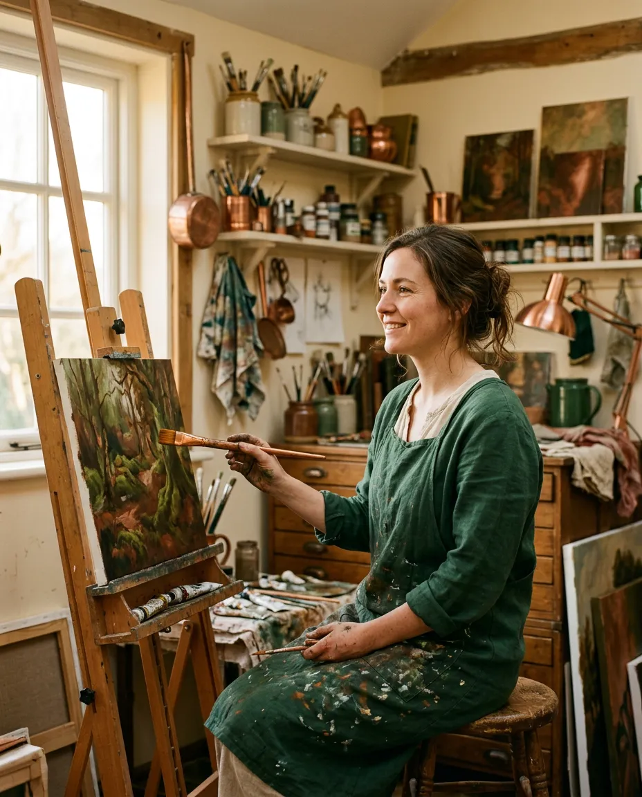 A painter at her easel in a sunlit studio