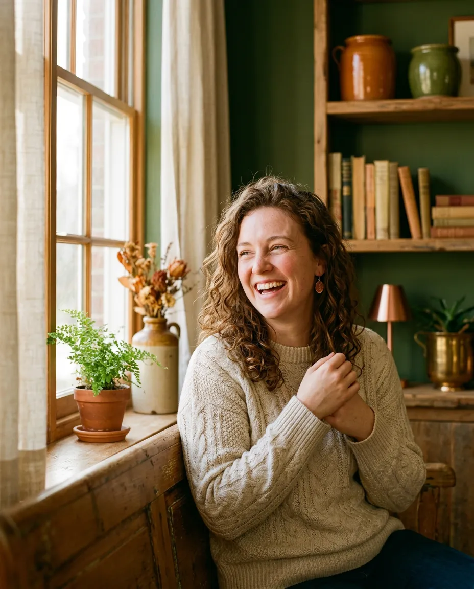 A woman laughing by a sunny window