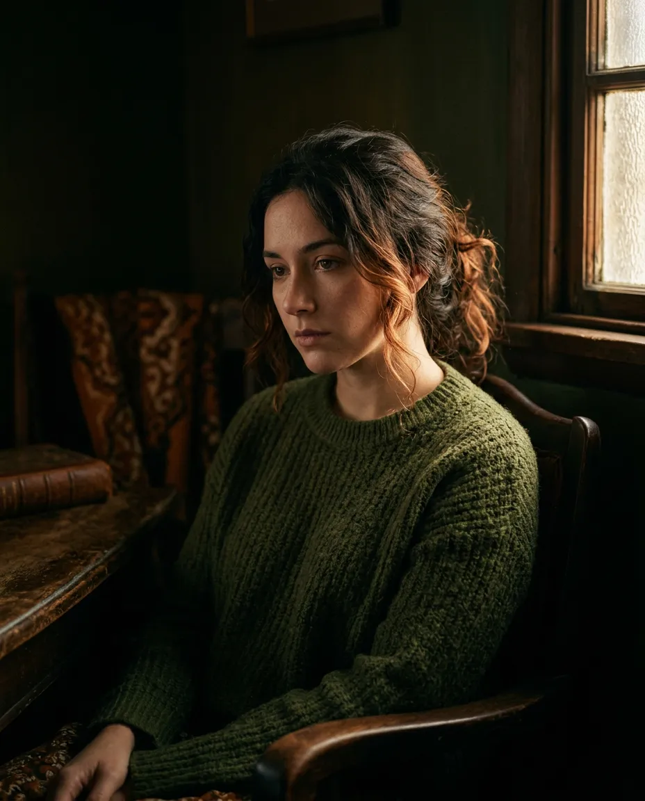 A young woman in a green sweater by a window