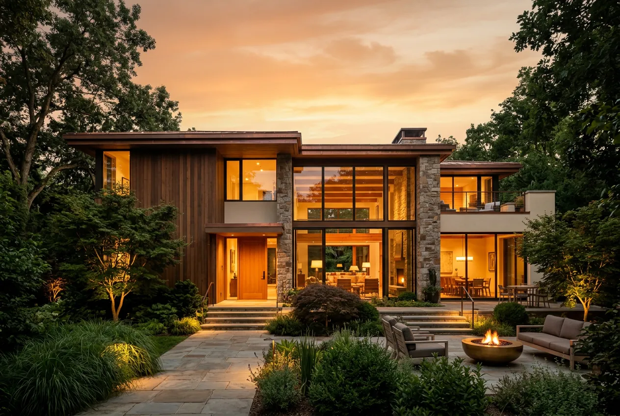 A modern home at dusk with warm lights in every window