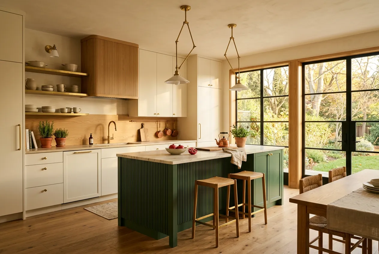 A bright kitchen with a green island and pendant lights