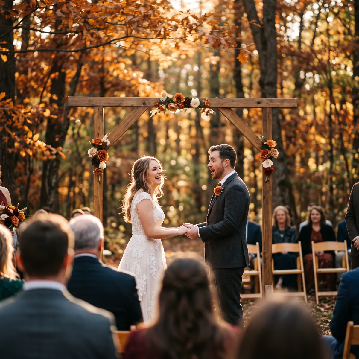 A couple at a forest ceremony arch