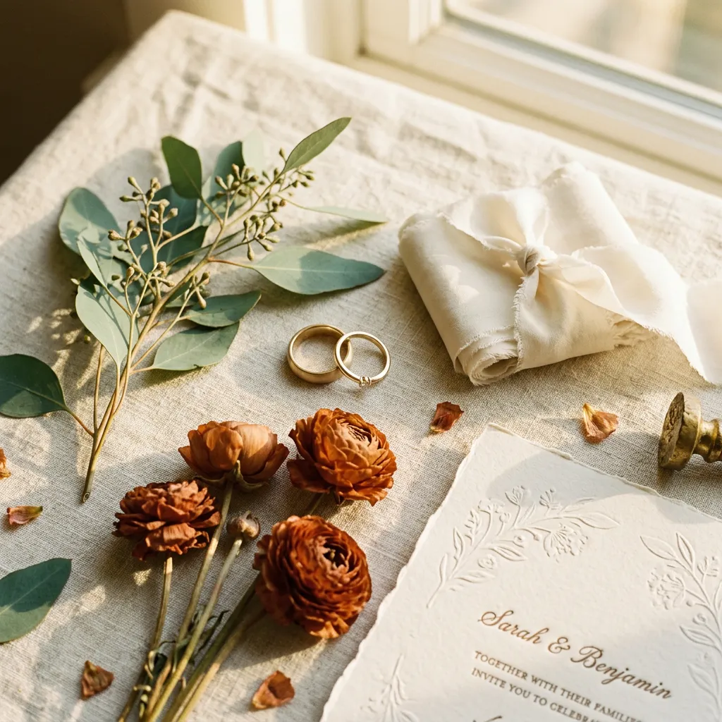Wedding rings, dried flowers and an invitation laid out on linen