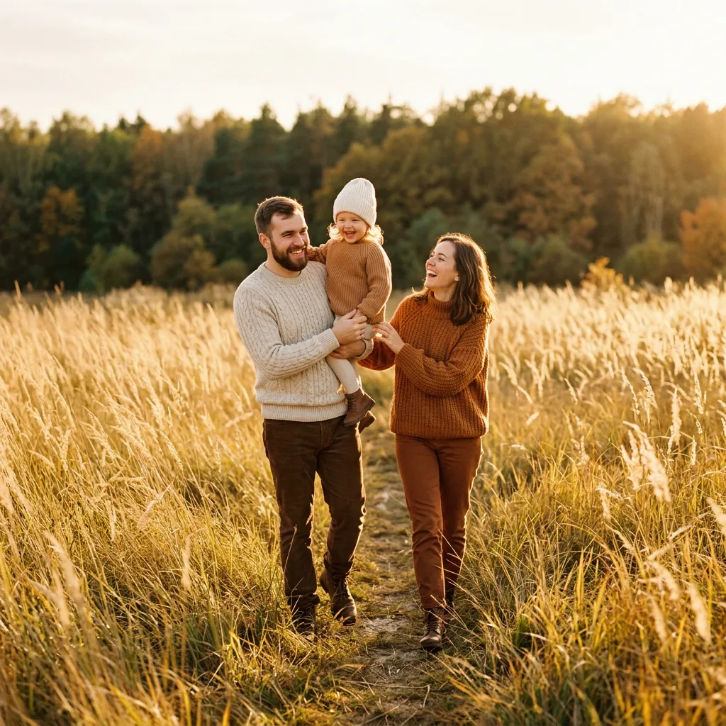 A family walking through a golden field