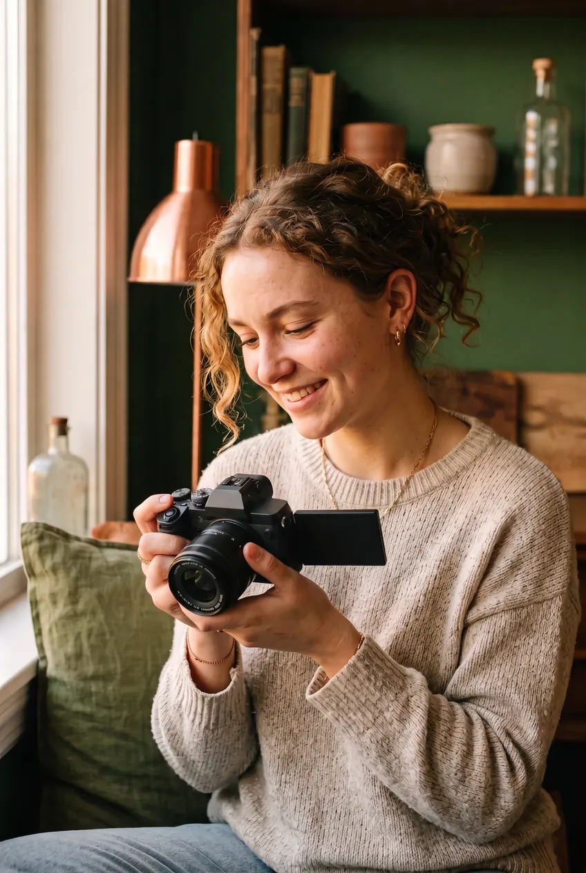 A photographer smiling at a photo on the back of her camera