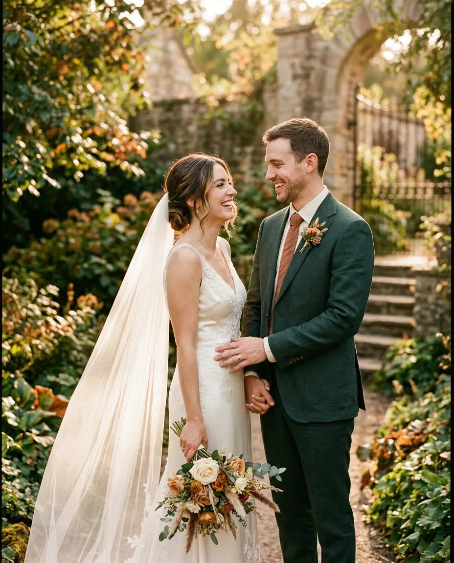 A bride and groom smiling in a walled garden